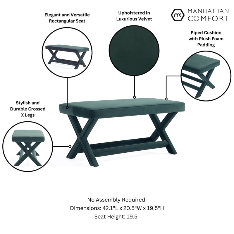 Manhattan Comfort Abigail Double Ottoman Bench with Solid Wood Frame in Green