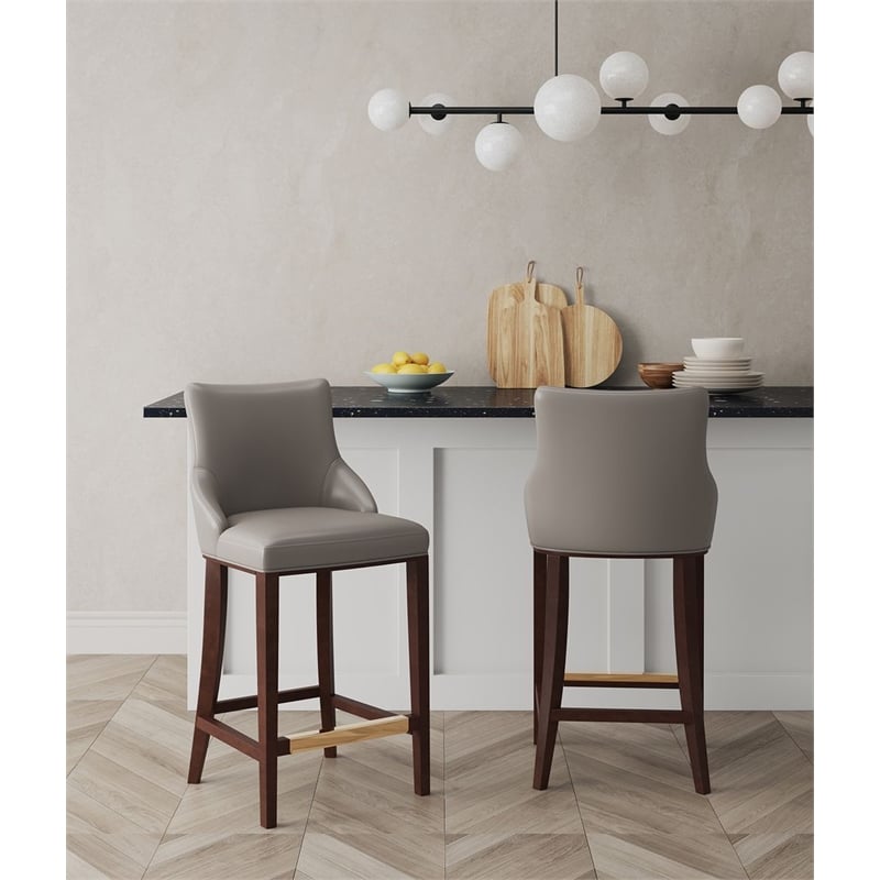 Manhattan Comfort Shubert Barstool with Solid Wood Frame in Dark Taupe- Set of 2