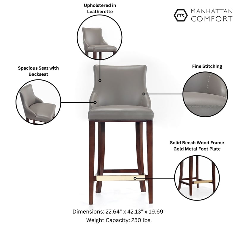 Manhattan Comfort Shubert Barstool with Solid Wood Frame in Dark Taupe- Set of 2