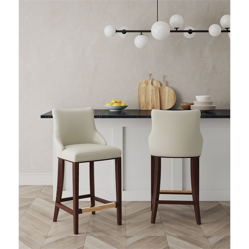 Manhattan Comfort Shubert Barstool with Solid Wood Frame in Ivory- Set of 2