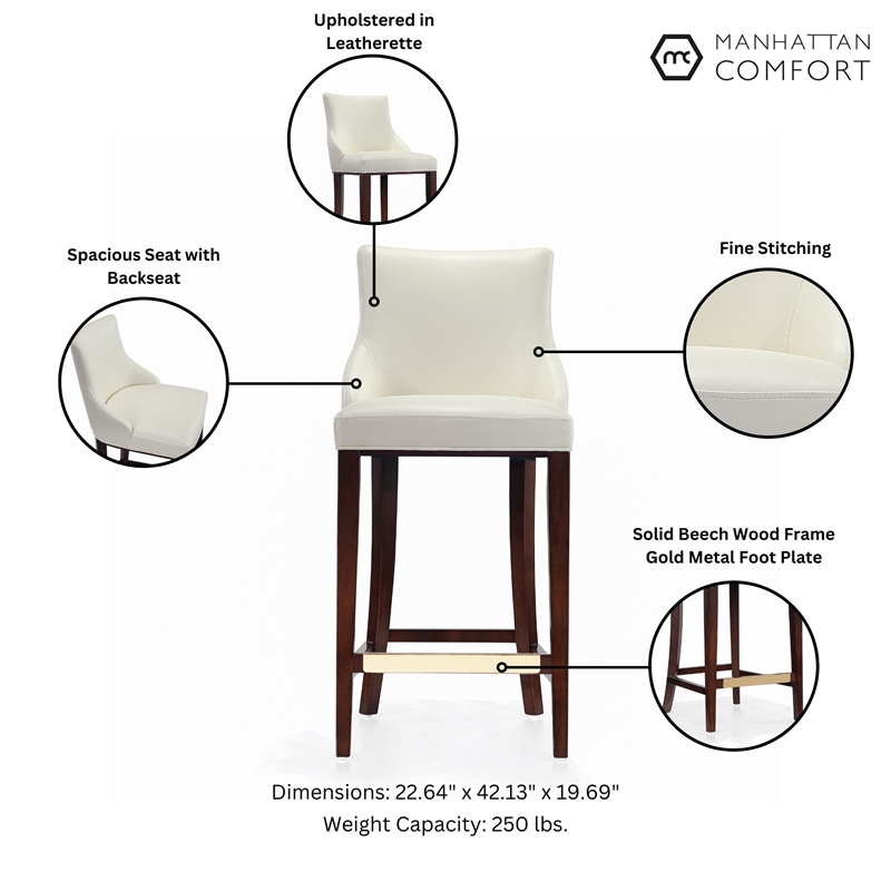 Manhattan Comfort Shubert Barstool with Solid Wood Frame in Ivory- Set of 2