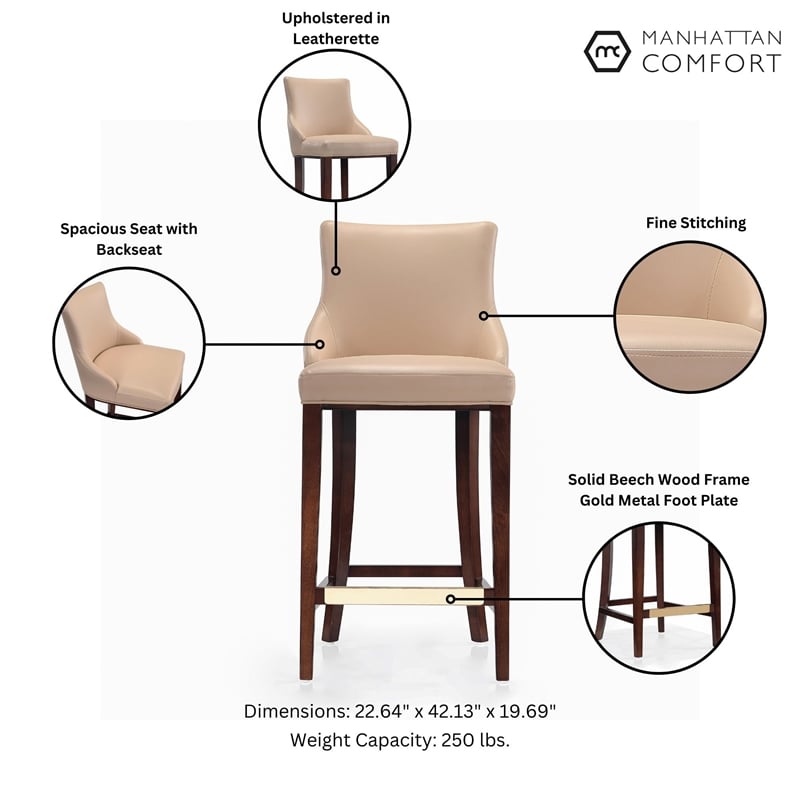 Manhattan Comfort Shubert Barstool with Solid Wood Frame in Tan- Set of 2