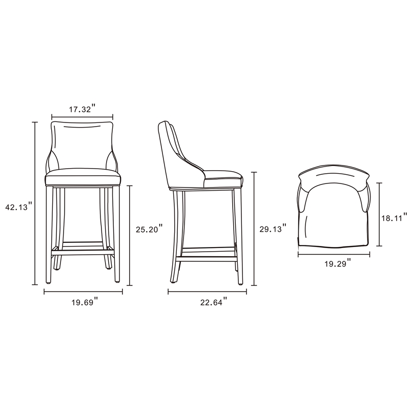 Manhattan Comfort Shubert Barstool with Solid Wood Frame in Ivory- Set of 3