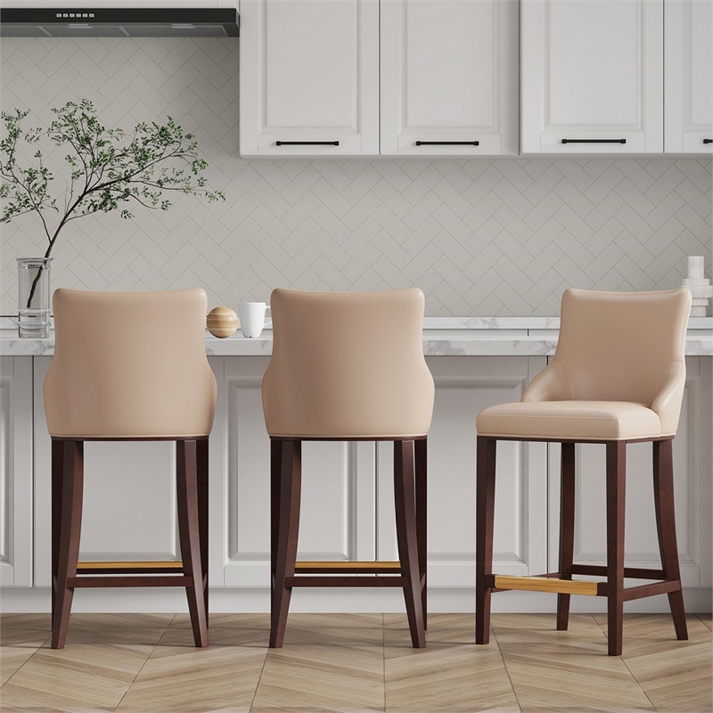 Manhattan Comfort Shubert Barstool with Solid Wood Frame in Tan- Set of 3