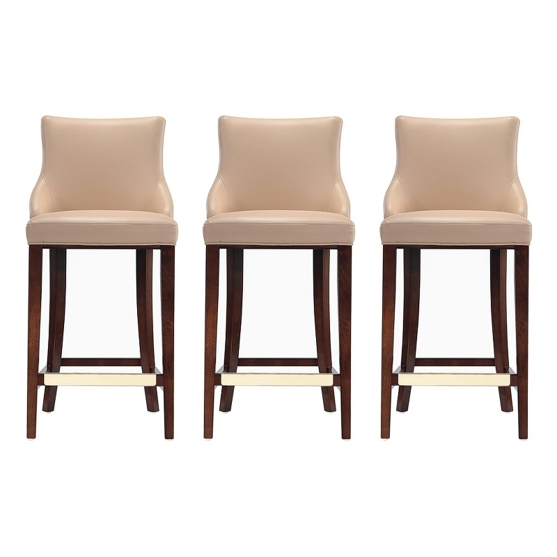 Manhattan Comfort Shubert Barstool with Solid Wood Frame in Tan- Set of 3