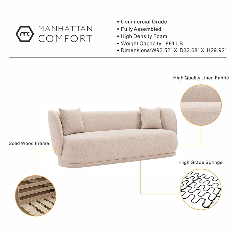 Manhattan Comfort Siri Sofa with Solid Wood Frame and Pillows in Wheat