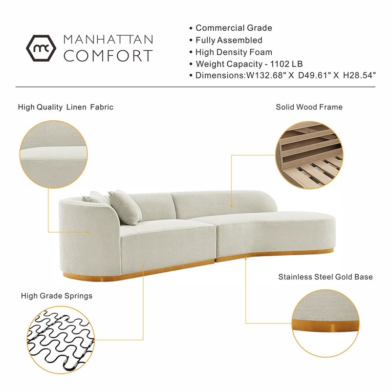 Daria Chenille Sofa Sectional with Solid Wood Frame and Pillows in Ivory