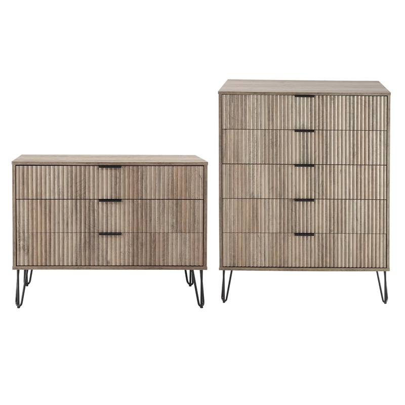 2-Piece DUMBO 5-Drawer Tall Dresser and 3-Drawer Standard Dresser in Gray