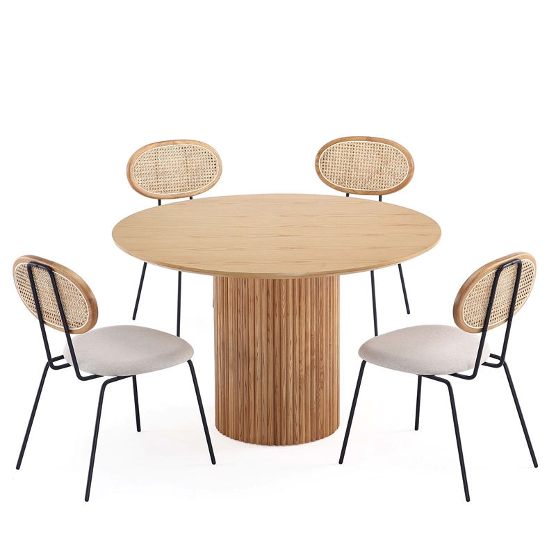 Hathaway Round Solid Wood Dining Table with 4 Jardin Dining Chairs in Oatmeal