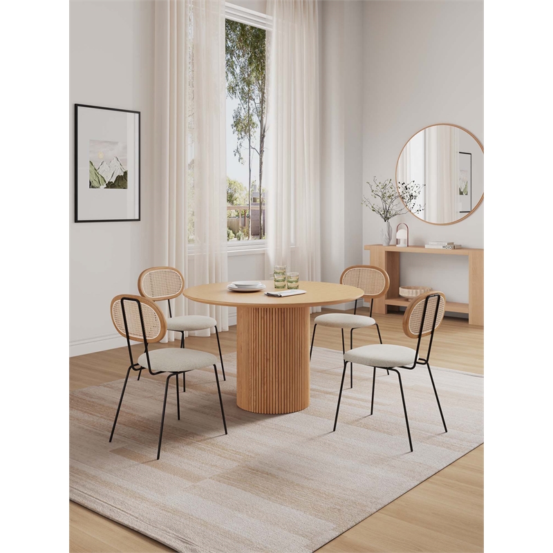 Hathaway Round Solid Wood Dining Table with 4 Jardin Dining Chairs in Oatmeal