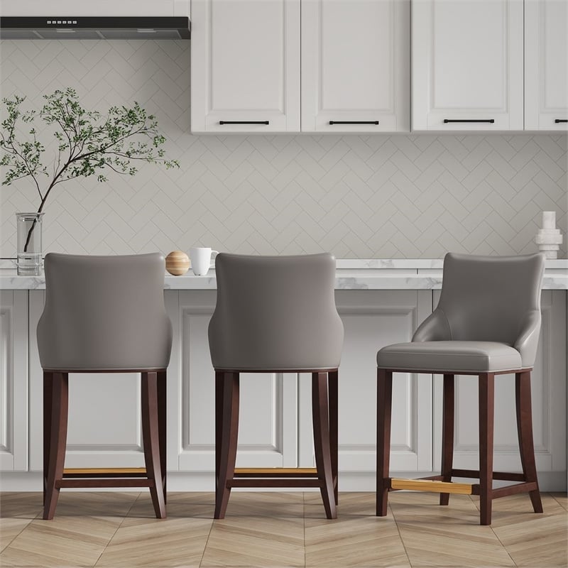 Shubert Counter Stool with Solid Wood Base in Dark Taupe - Set of 3