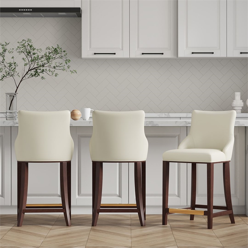 Shubert Counter Stool with Solid Wood Base in Ivory - Set of 3