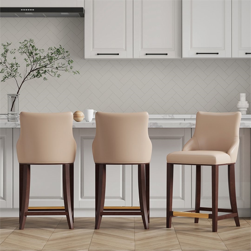 Shubert Counter Stool with Solid Wood Base in Tan - Set of 3
