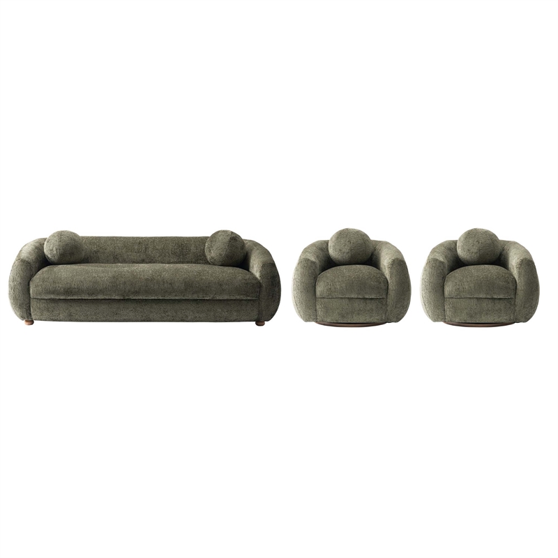 Tribeca Sofa and Accent Chairs with Solid Wood Frame in Olive Green - Set of 3