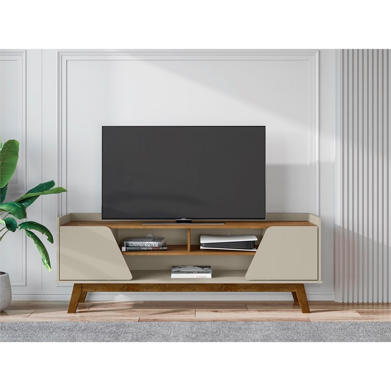 Manhattan Comfort Marcus 62.99 TV Stand with Solid Wood Legs in Beige and Nature