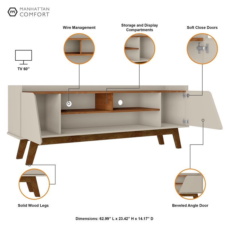 Manhattan Comfort Marcus 62.99 TV Stand with Solid Wood Legs in Beige and Nature