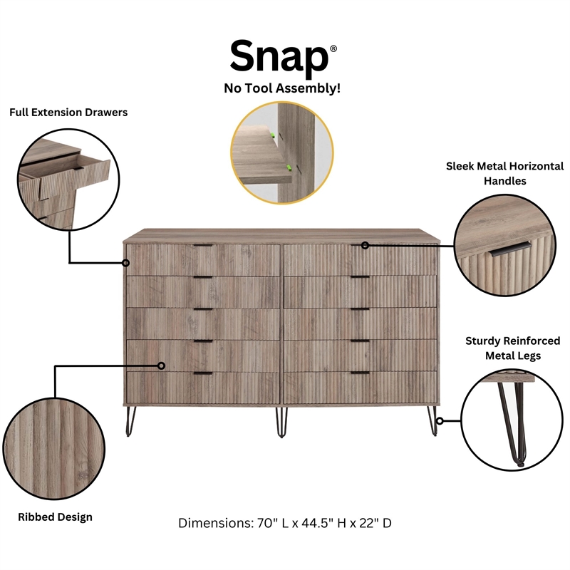 DUMBO 5-Drawer & 10-Drawer Dressers & Nightstand 2.0 Set -Gray-Engineered Wood