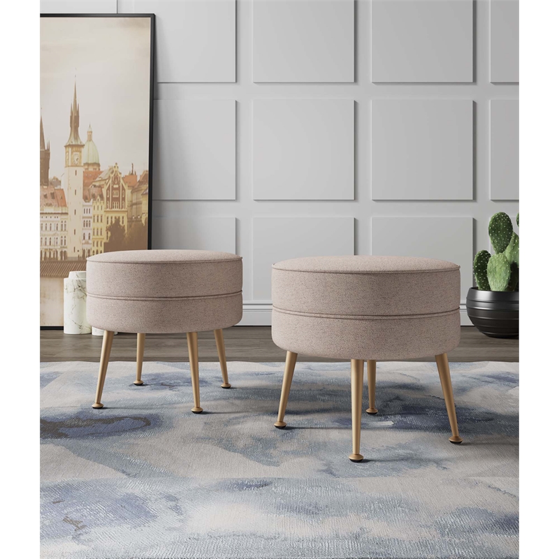 Bailey Ottoman in Oatmeal with Gold Feet and Solid Wood Frame - Set of 2