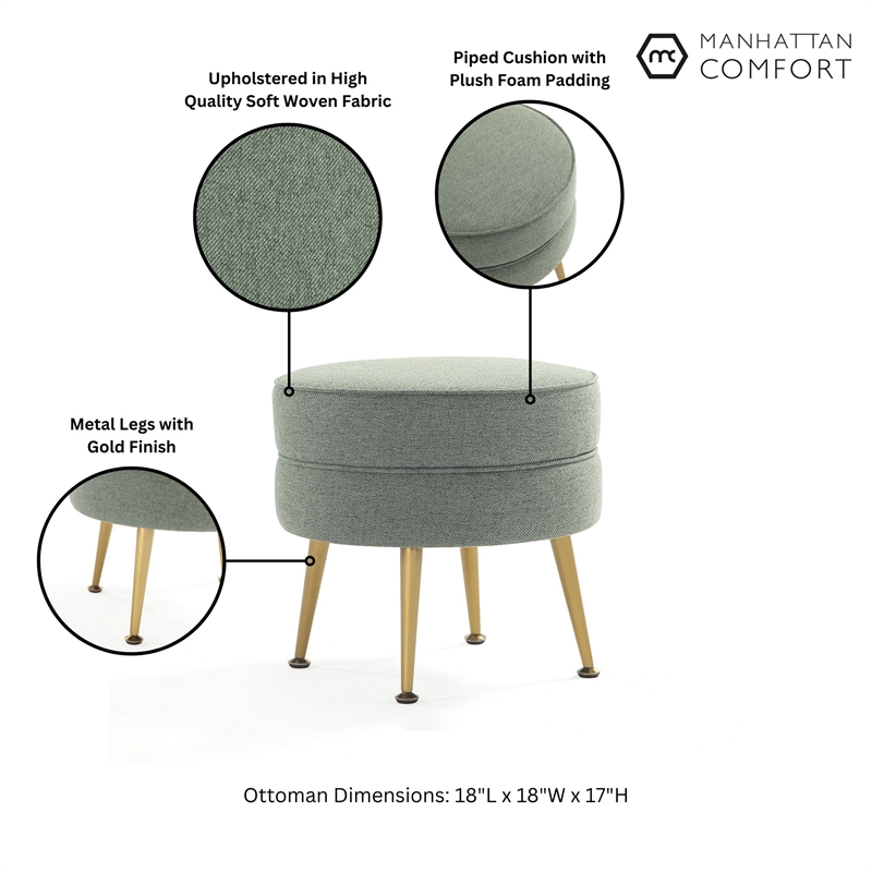 Bailey Ottoman in Sage Green with Gold Feet and Solid Wood Frame - Set of 2