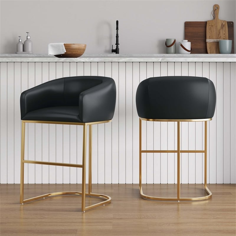 Manhattan Comfort Louvre Counter Stool with Steel Base in Black - Set of 2