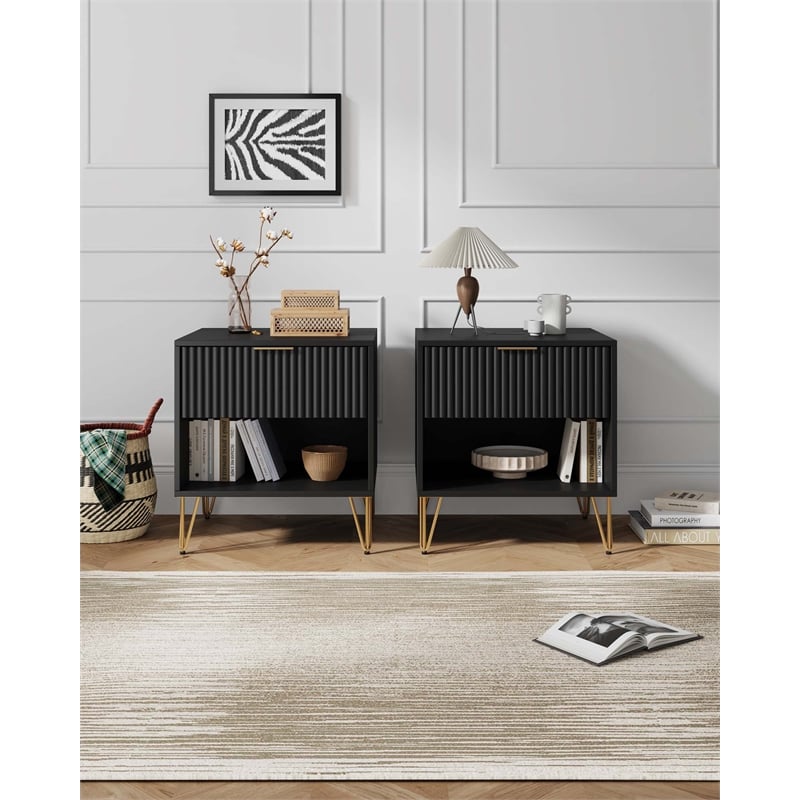 Manhattan Comfort DUMBO 1.0 Nightstand in Black - Engineered Wood - Set of 2