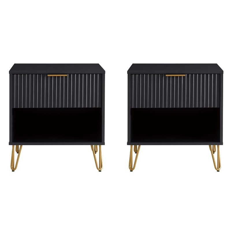 Manhattan Comfort DUMBO 1.0 Nightstand in Black - Engineered Wood - Set of 2