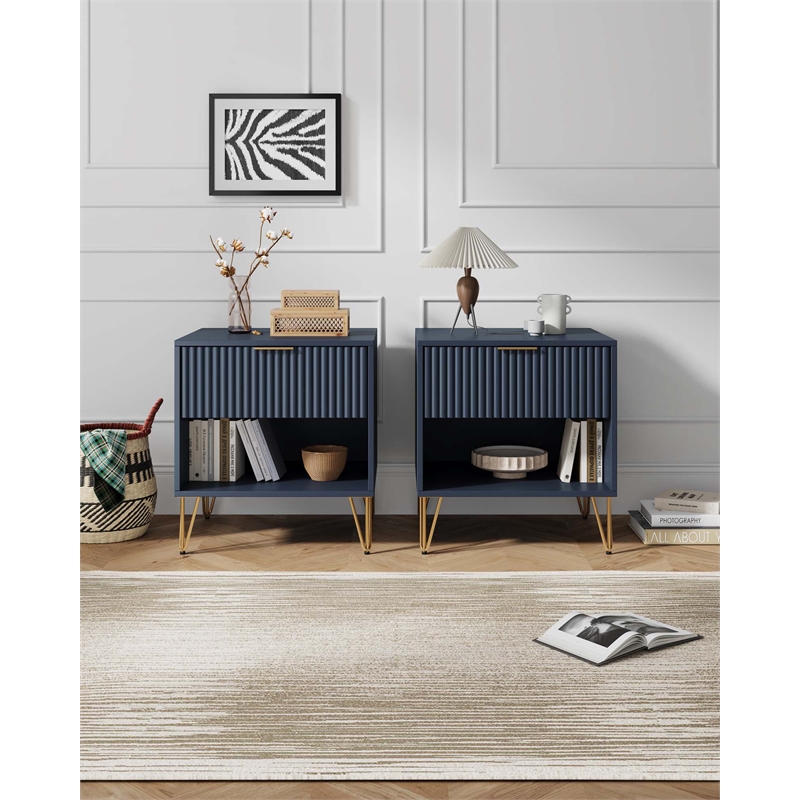 Manhattan Comfort DUMBO 1.0 Nightstand -Midnight Blue -Engineered Wood -Set of 2