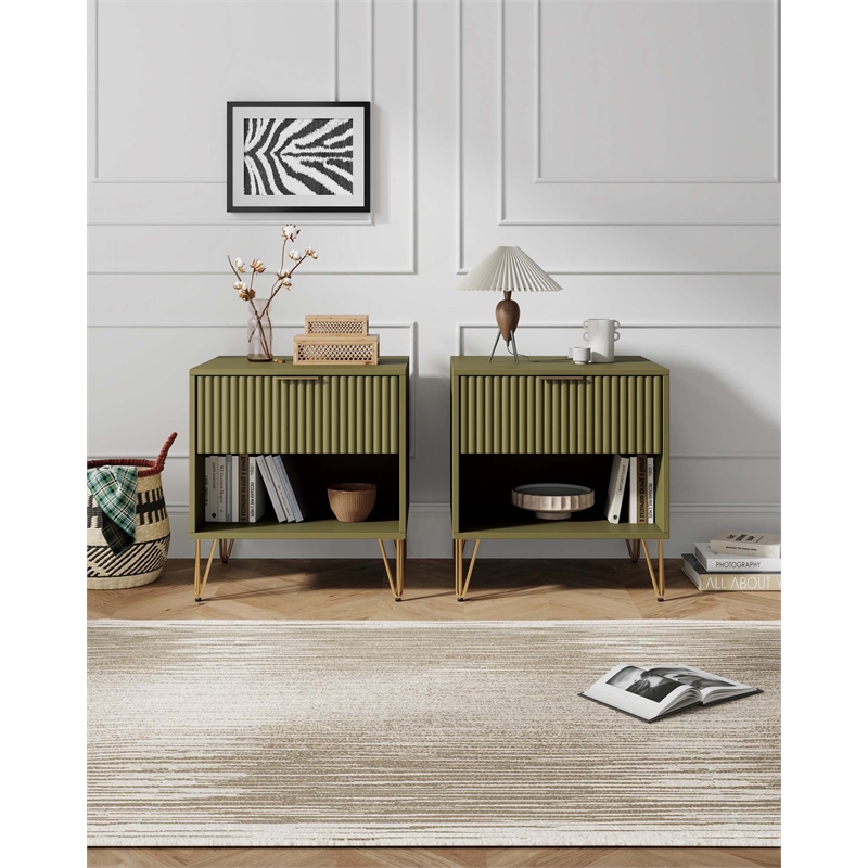 Manhattan Comfort DUMBO 1.0 Nightstand in Olive Green - Engineered Wood-Set of 2