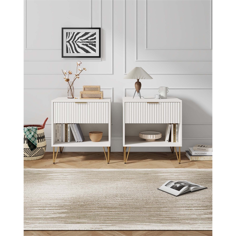 Manhattan Comfort DUMBO 1.0 Nightstand in White - Engineered Wood - Set of 2