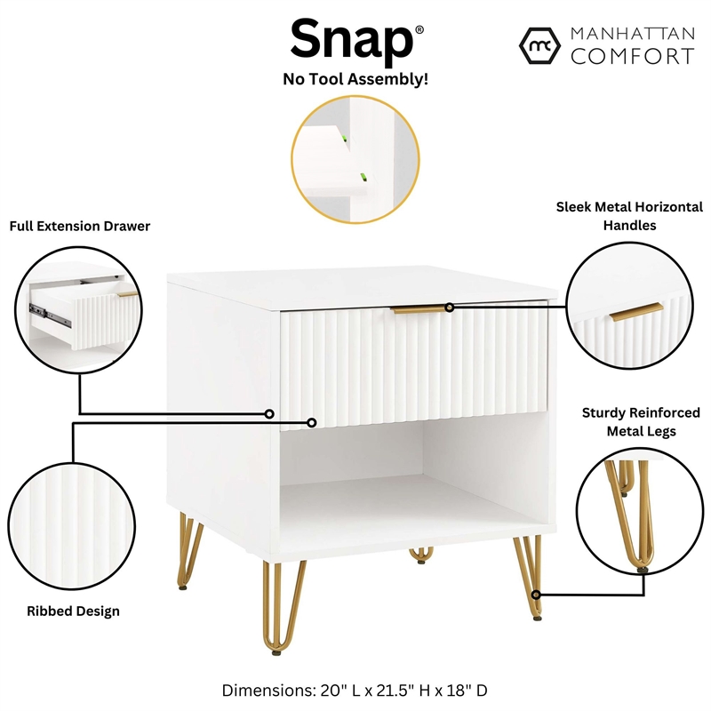 Manhattan Comfort DUMBO 1.0 Nightstand in White - Engineered Wood - Set of 2