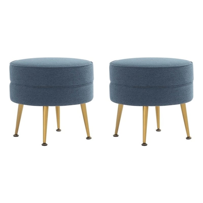 Bailey Ottoman in Blue with Gold Feet and Solid Wood Base - Set of 2