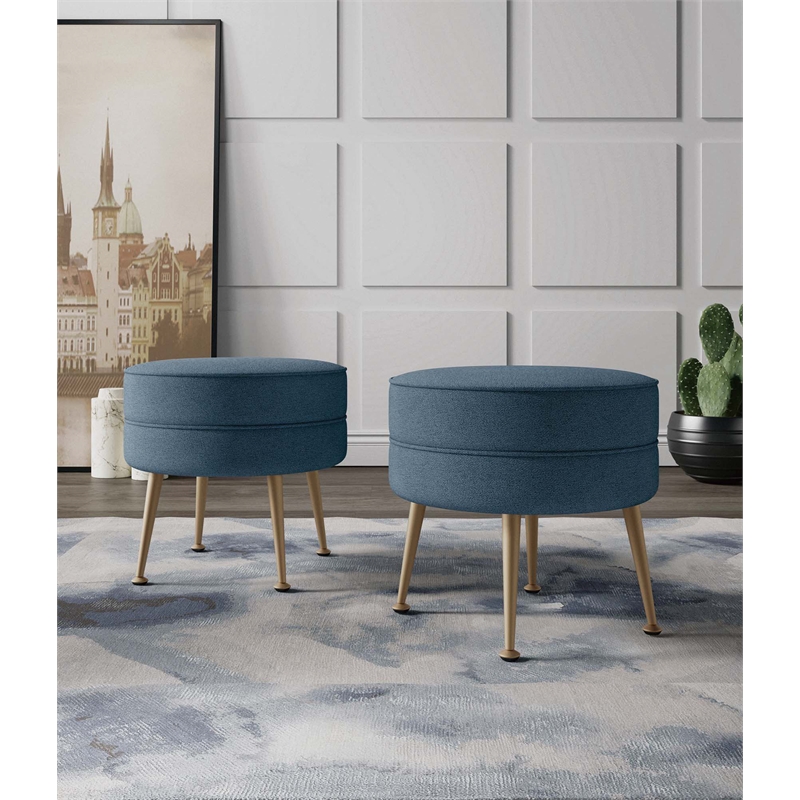 Bailey Ottoman in Blue with Gold Feet and Solid Wood Base - Set of 2
