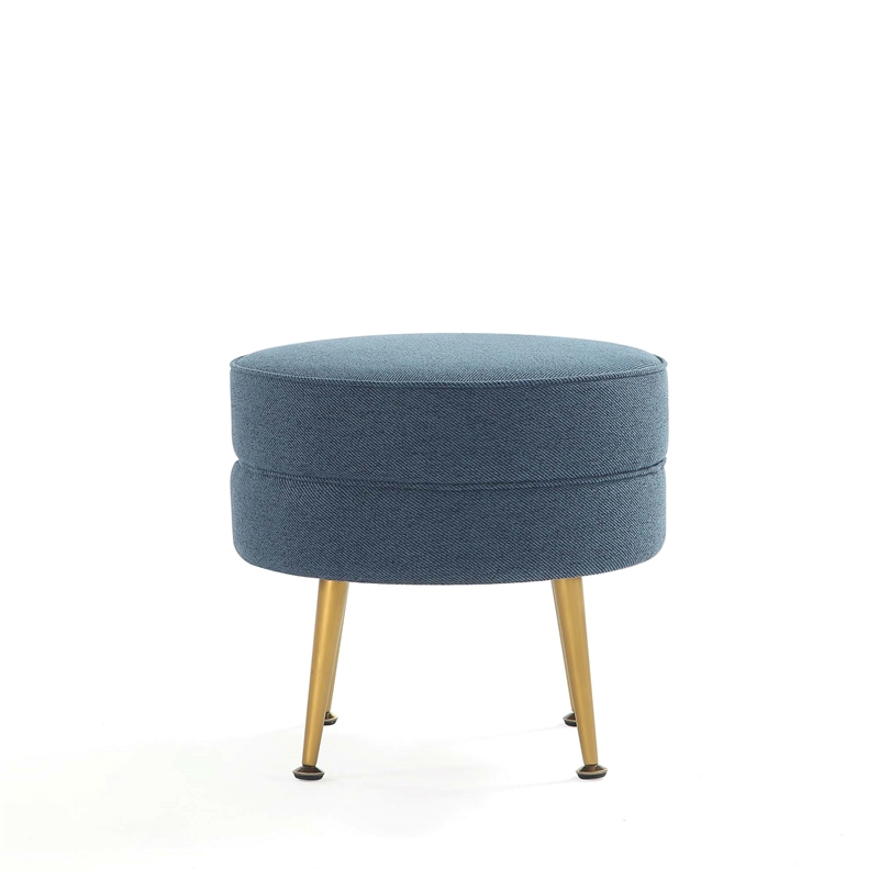 Bailey Ottoman in Blue with Gold Feet and Solid Wood Base - Set of 2