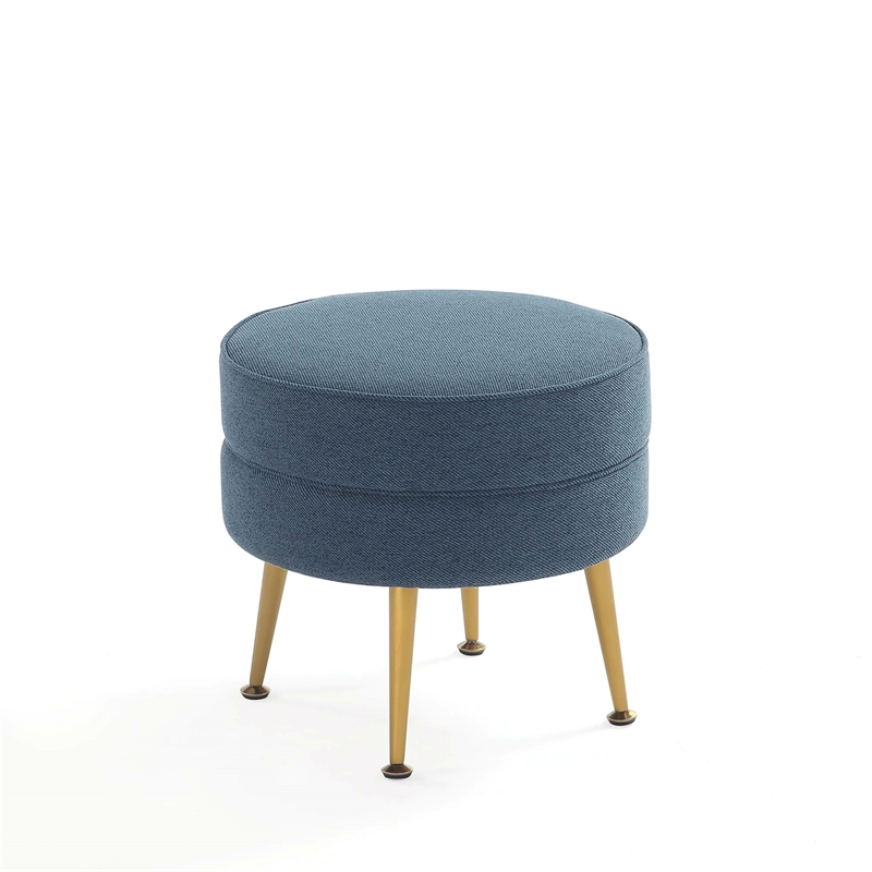 Bailey Ottoman in Blue with Gold Feet and Solid Wood Base - Set of 2