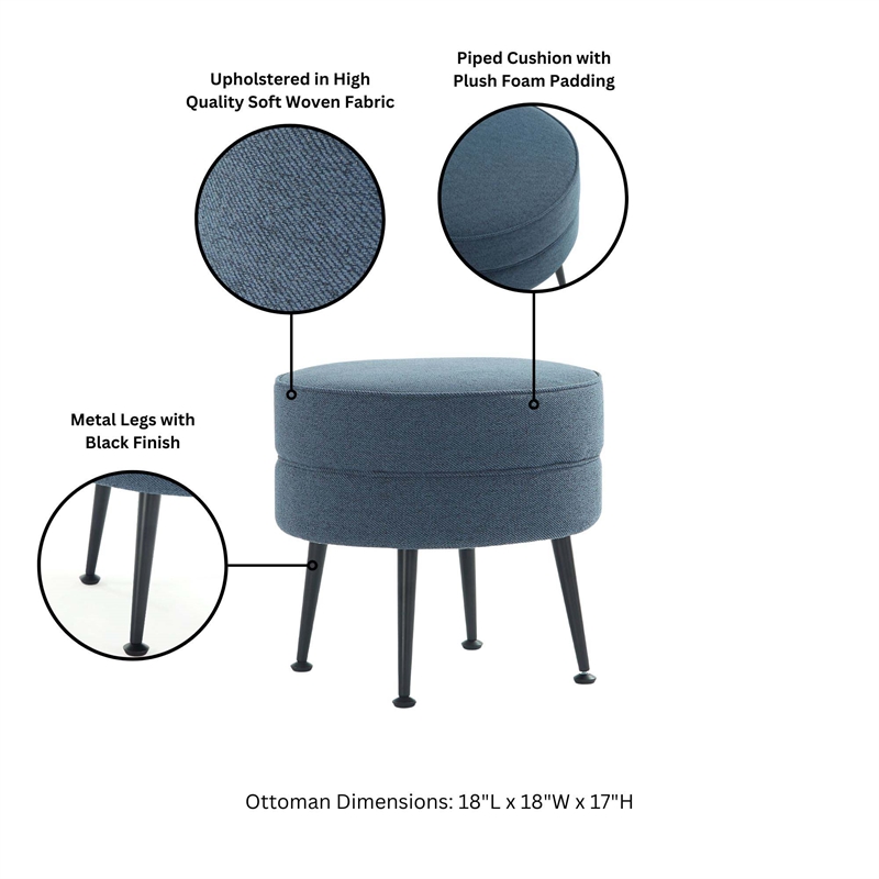 Bailey Ottoman in Blue with Gold Feet and Solid Wood Base - Set of 2