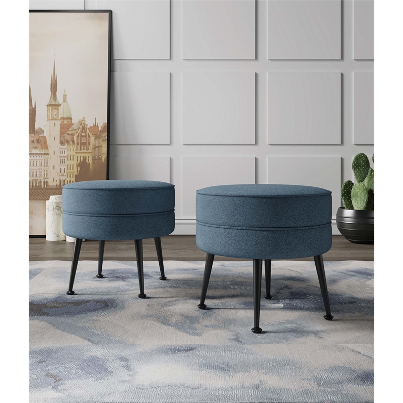 Bailey Ottoman in Blue with Black Feet and Solid Wood Base - Set of 2
