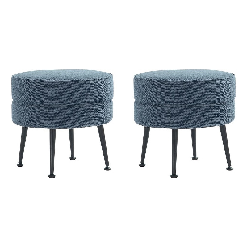 Bailey Ottoman in Blue with Black Feet and Solid Wood Base - Set of 2