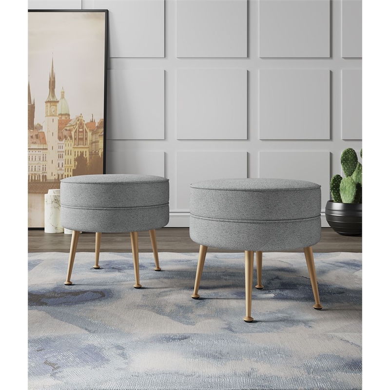 Bailey Ottoman in Gray with Gold Feet and Solid Wood Base - Set of 2