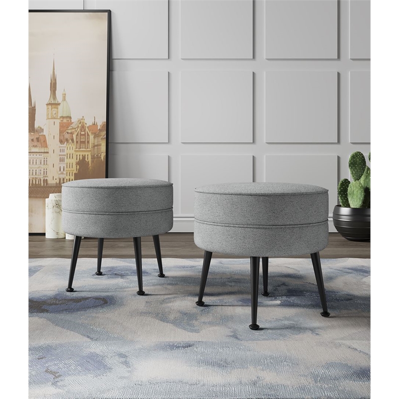 Bailey Ottoman in Gray with Black Feet and Solid Wood Base - Set of 2