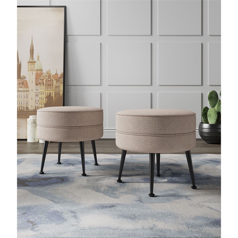 Bailey Ottoman in Oatmeal with Black Feet and Solid Wood Base - Set of 2