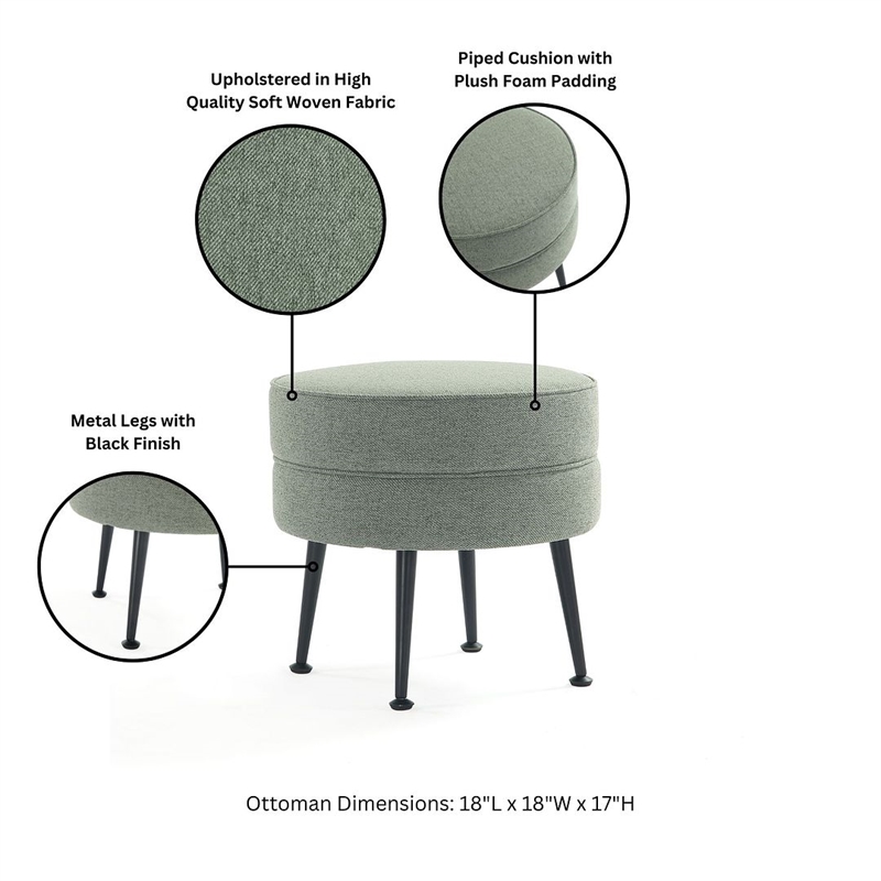 Bailey Ottoman in Sage Green with Solid Wood Frame and Black Feet - Set of 2