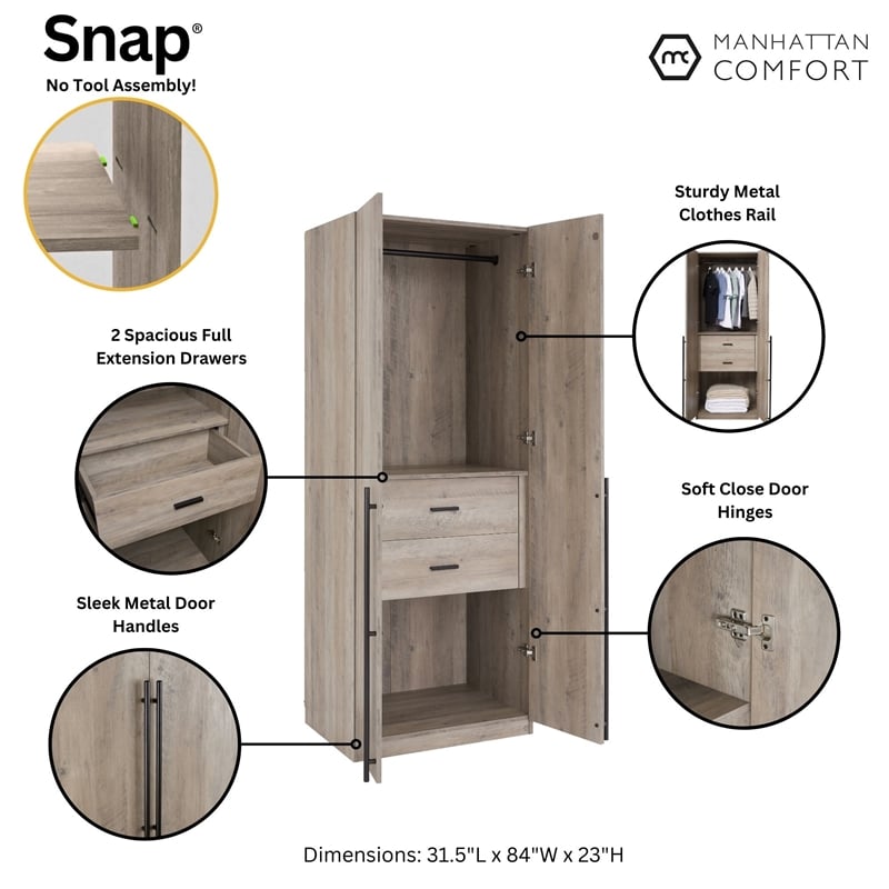 Lee Wardrobe Closet 2.0 from Engineered Wood in Rustic Gray - Set of 2