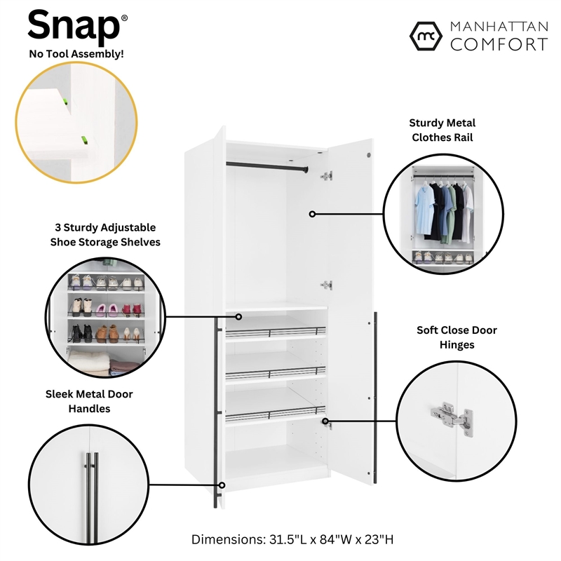 Lee Wardrobe Closet 3.0 from Engineered Wood in White - Set of 2