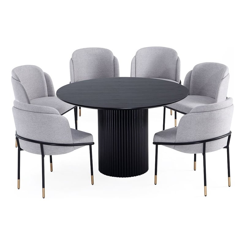 7-Piece Hathaway Round Solid Wood Dining Table with 6 Dining Chairs in Gray
