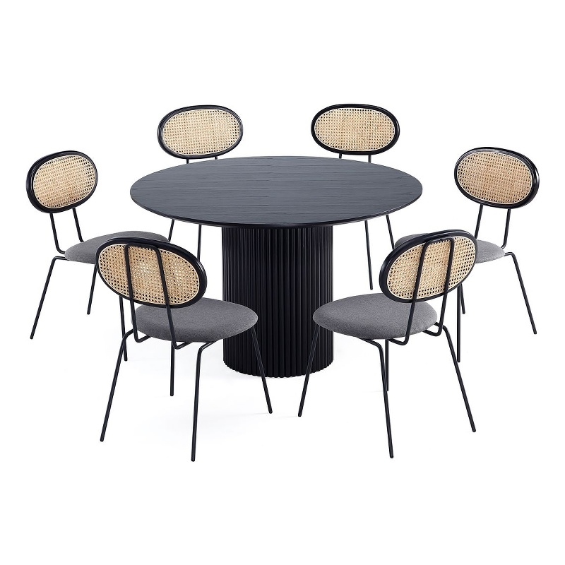 7-Piece Hathaway Round Solid Wood Dining Table with 6 Dining Chairs in Gray