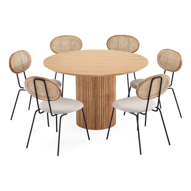 7-Piece Hathaway Round Solid Wood Dining Table with 6 Dining Chairs in Oatmeal