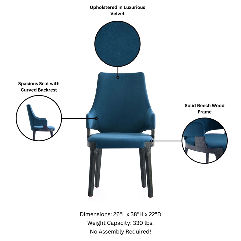 Kara Upholstered Dining Arm Chair from Solid Wood in Blue Set of 2