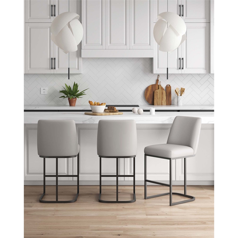 Manhattan Comfort Serena Counter Stool with Steel Base in Light Gray (Set of 3)