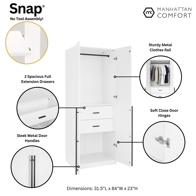 Lee Wardrobe Closet 2.0 from Engineered Wood in White - Set of 3