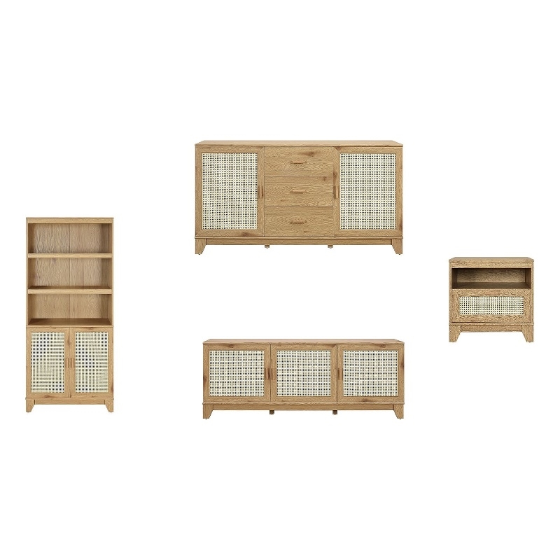Sheridan 4-PC Engineered Wood Bookcase TV Stand Sideboard End Table in Natural